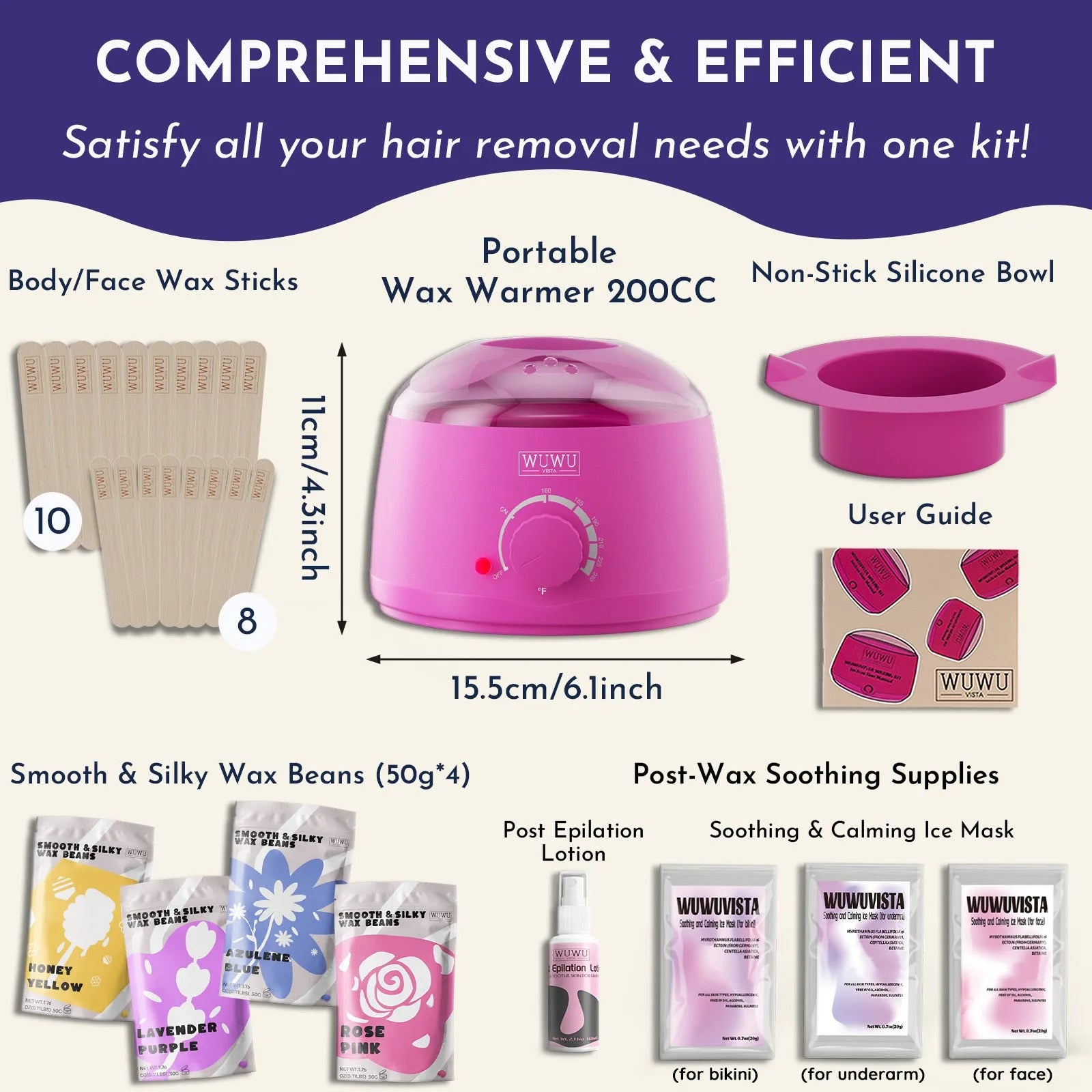 Waxing gift set with wax warmer, wax beads, facial and body sticks, aftercare products