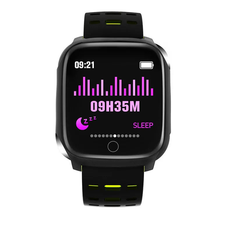 F16 Smart Watch with ECG monitor on a black green silicone wristband, showing touch screen display.