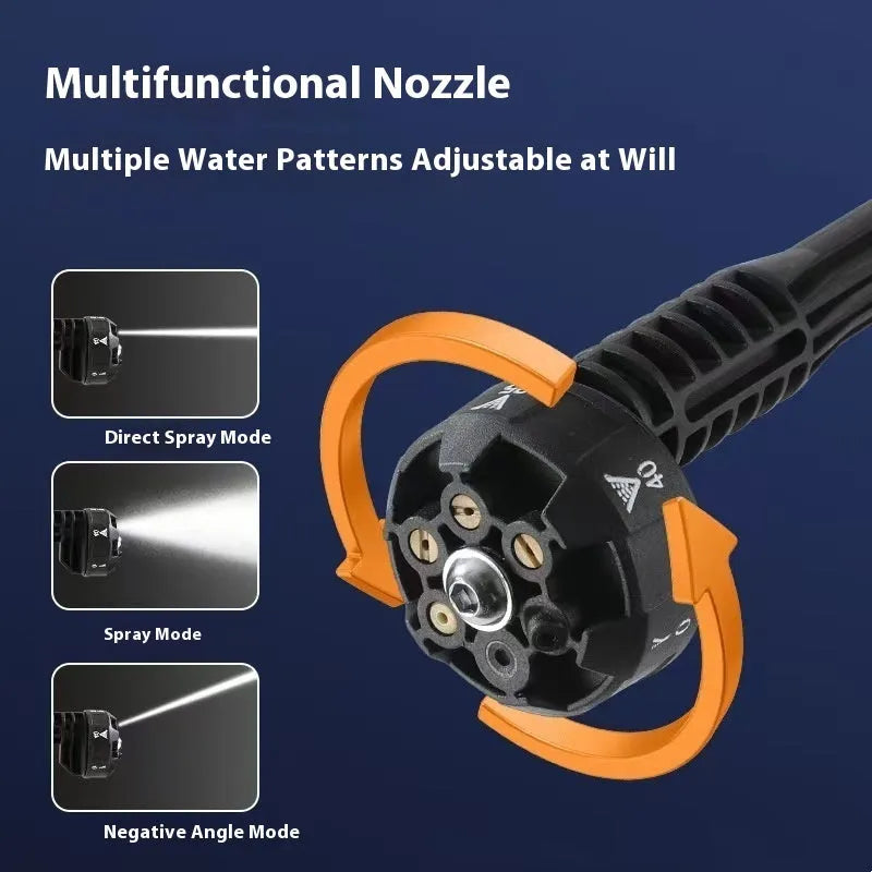 Green cordless high-pressure water gun with metal nozzle and accessories including battery and foam pot