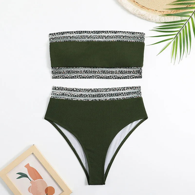 Black strapless swimsuit set with leopard print splicing detail on briefs