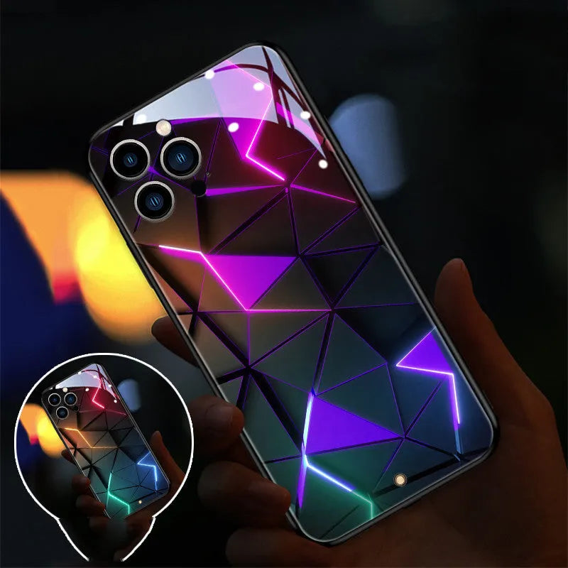 Xpress 14 tempered glass iPhone case with illuminated incoming light indicator and yellow green diamond grid design.