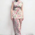 Long sleeve printed chiffon top and matching high-waist skirt set for women.