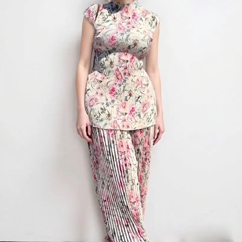 Long sleeve printed chiffon top and matching high-waist skirt set for women.