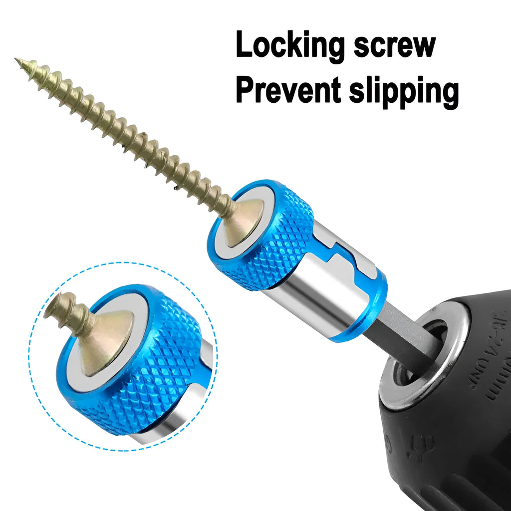 Light blue magnetic screwdriver bit with slotted head and magnetic ring