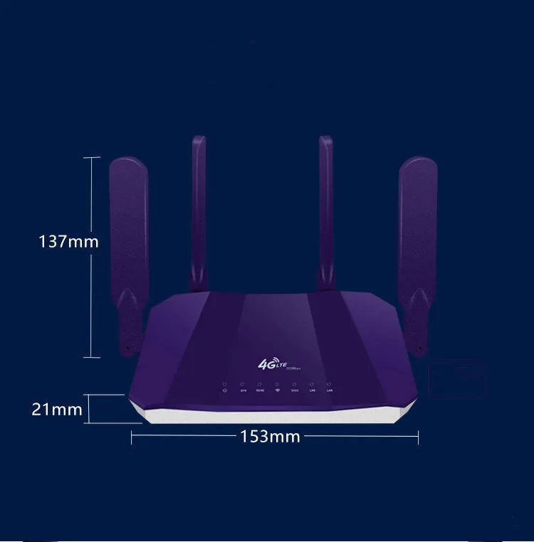 Blue 4G dual-mode router with four external antennas on a desk