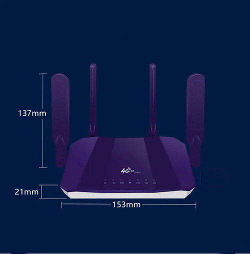 Blue 4G dual-mode router with four external antennas on a desk
