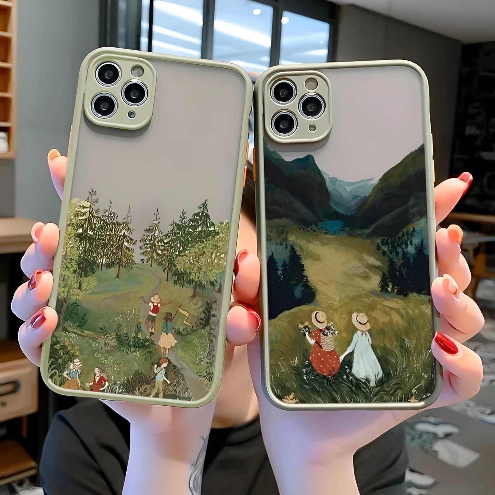 Vintage cartoon scenery girl print phone case for iPhone 13 series, showing retro illustration