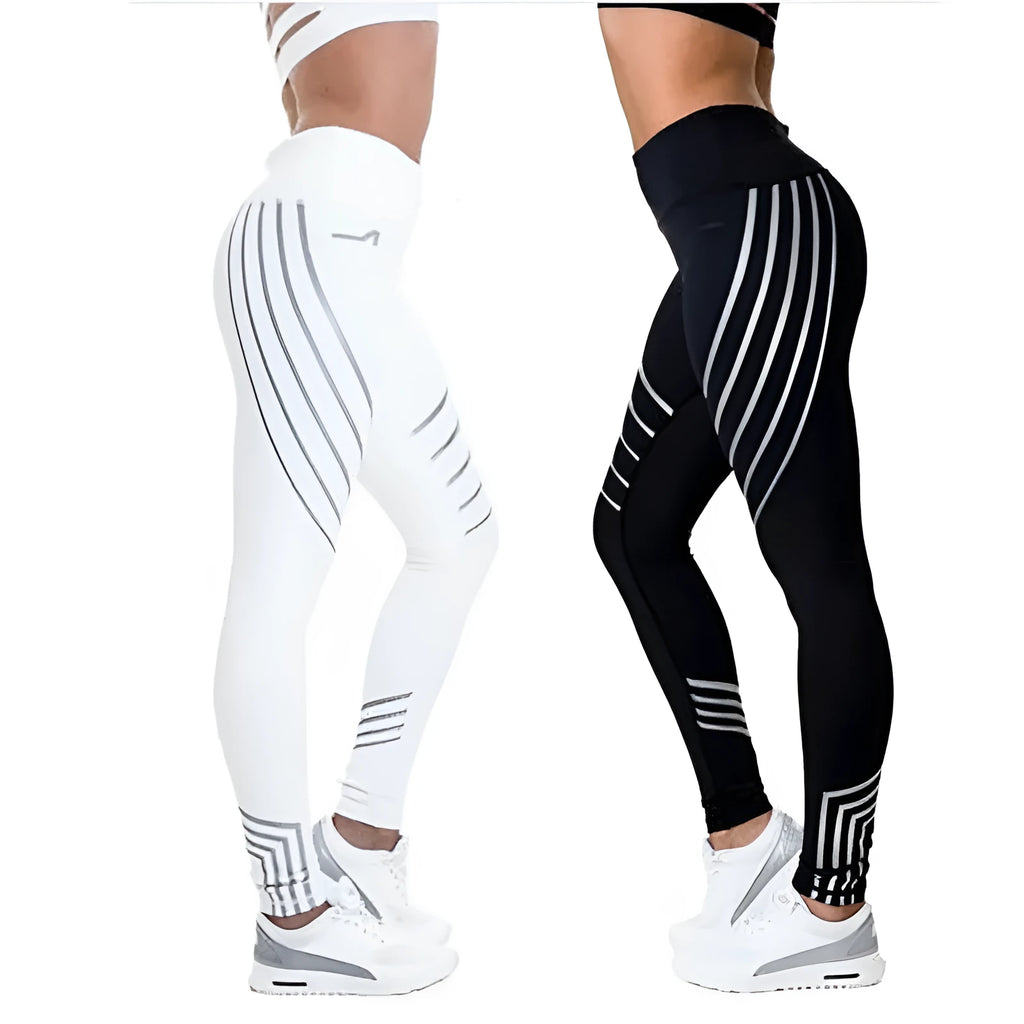 Women's black workout leggings with glowing print pattern, slim fit design