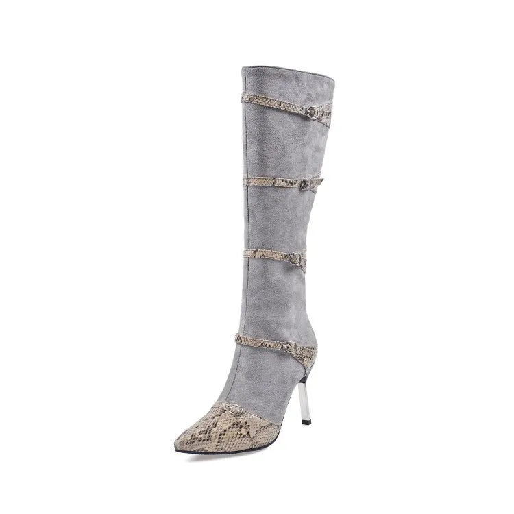Black knee-high boots for women with 9cm thin heels and pointed toe