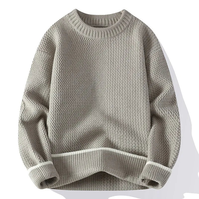 Men's grey loose-fit round neck pullover sweater with long sleeves for casual autumn wear