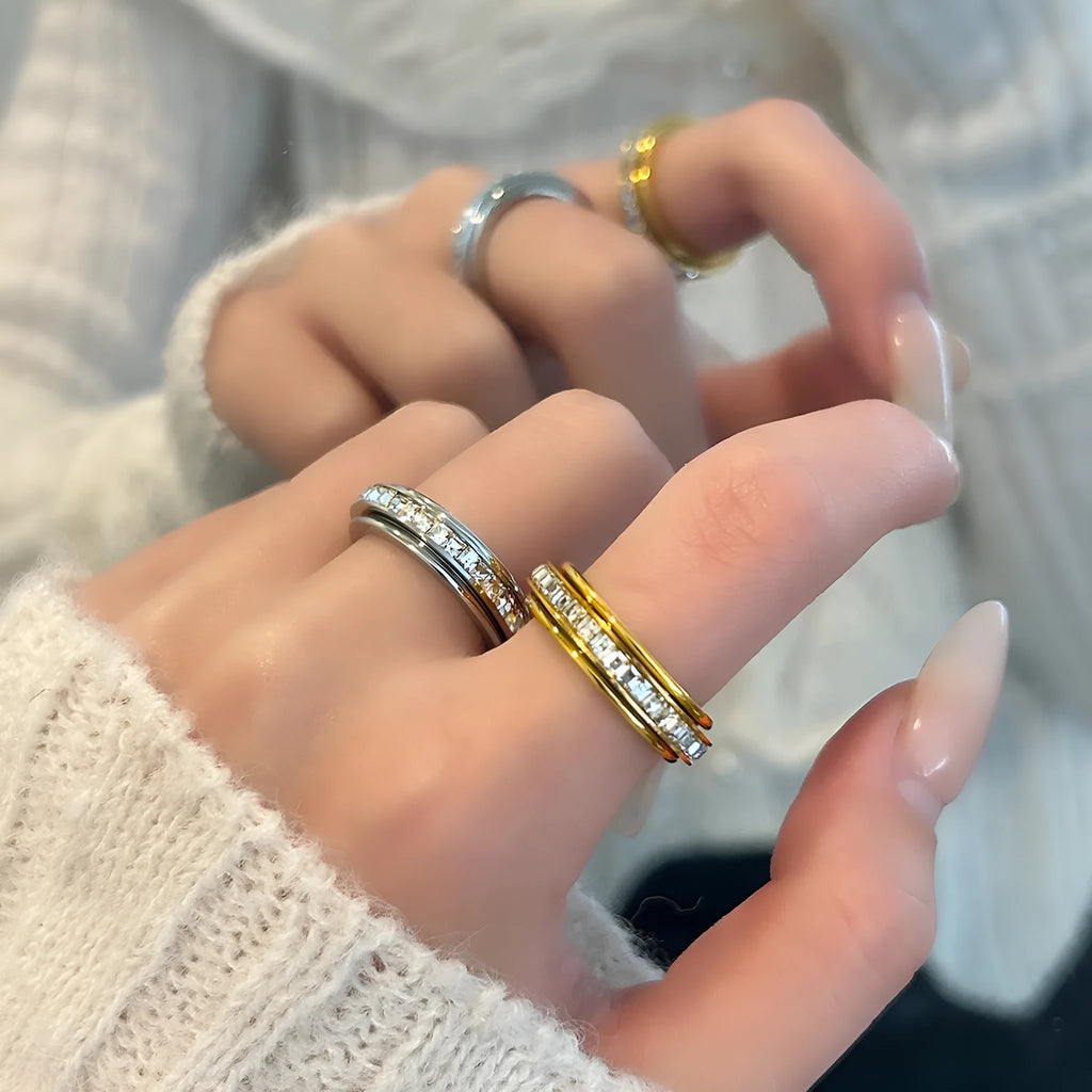 Titanium steel rotatable starry sky ring in gold or silver, unisex geometric design