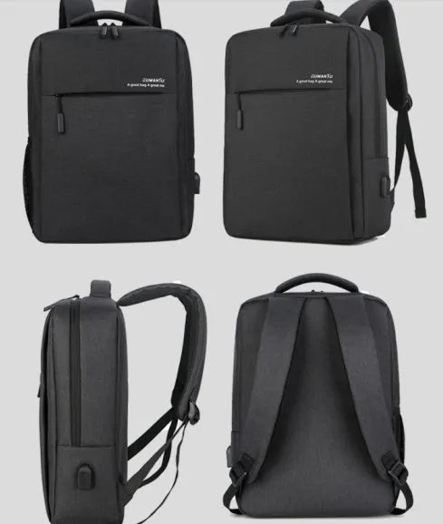 Waterproof rechargeable laptop backpack in black showing shoulders style design with Oxford cloth construction