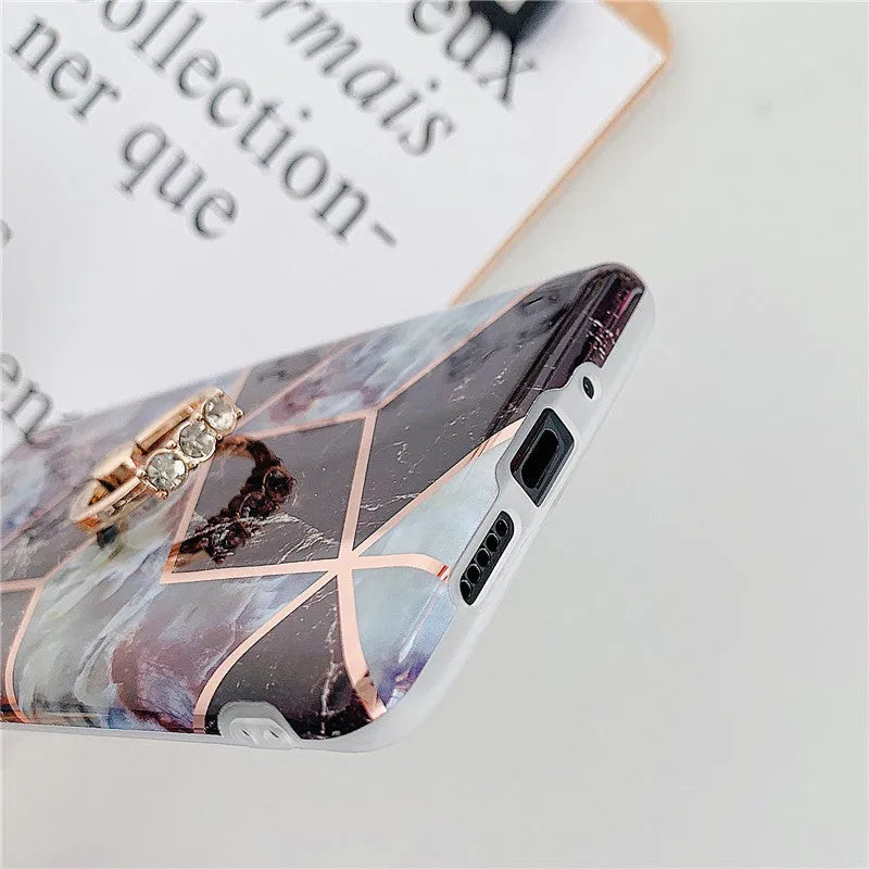 Electroplating mosaic marble ring phone case for Huawei – grid pattern, flexible TPU back cover with ring, six colour options