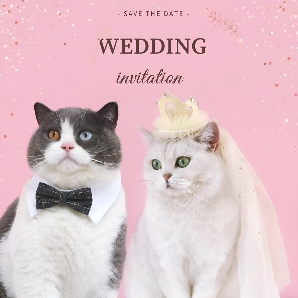 Cat wearing a princess crown headdress with a long, flowing veil in beige or pink colour.
