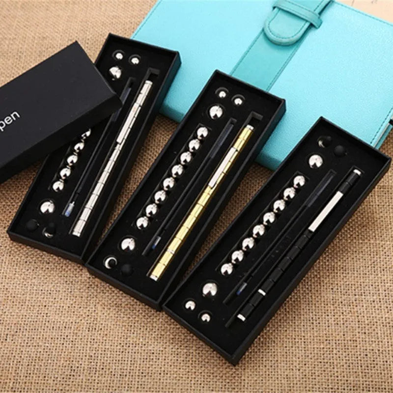 Magnetic modular pen with 13 rings, 12 steel balls, 3 refills, and capacitive head in silver iron box