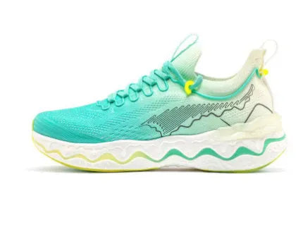 Women's cushioned running shoes with thick rubber soles in a no-lace design on a neutral background.