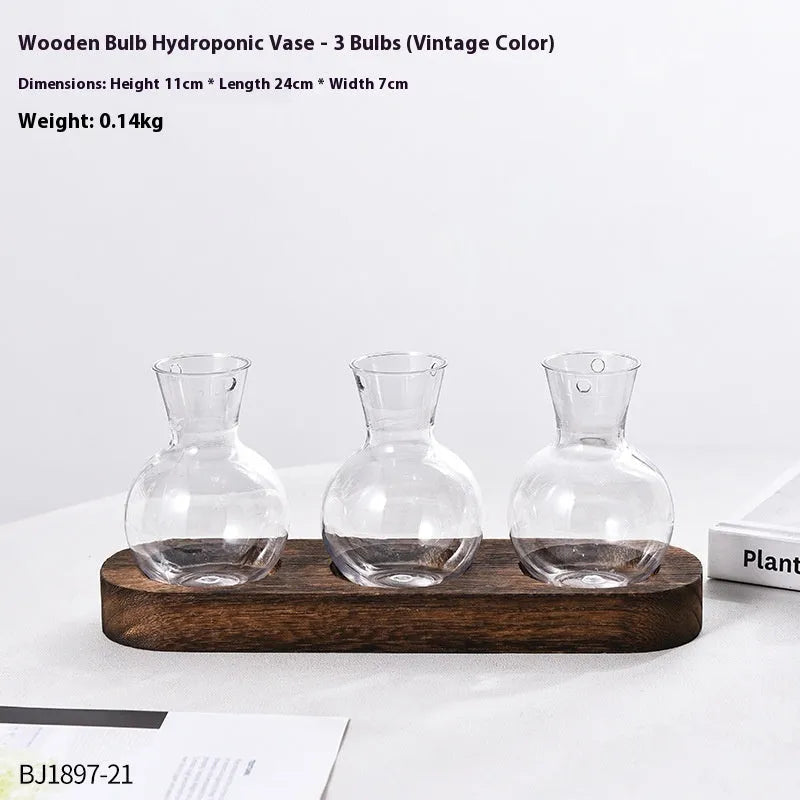 Wooden frame transparent hydroponic vase set with multiple PET glass containers in modern simplicity design