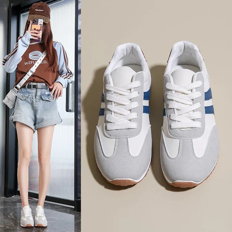 Blue and grey Cortez stripes sports shoes with rubber sole and round toe design
