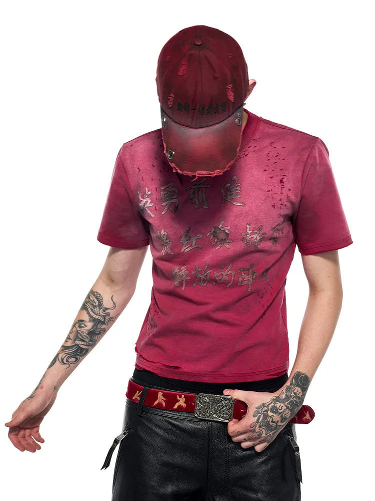 Red slim-fit men's t-shirt with distressed washed finish and short sleeves