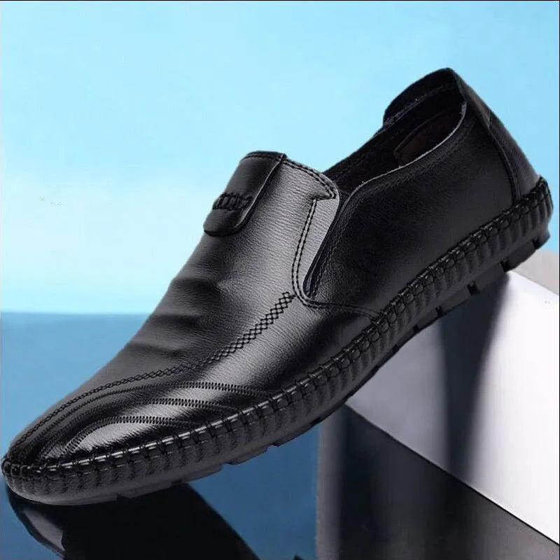 Men's black and brown PU leather business casual shoes with flat heels and multiple design styles