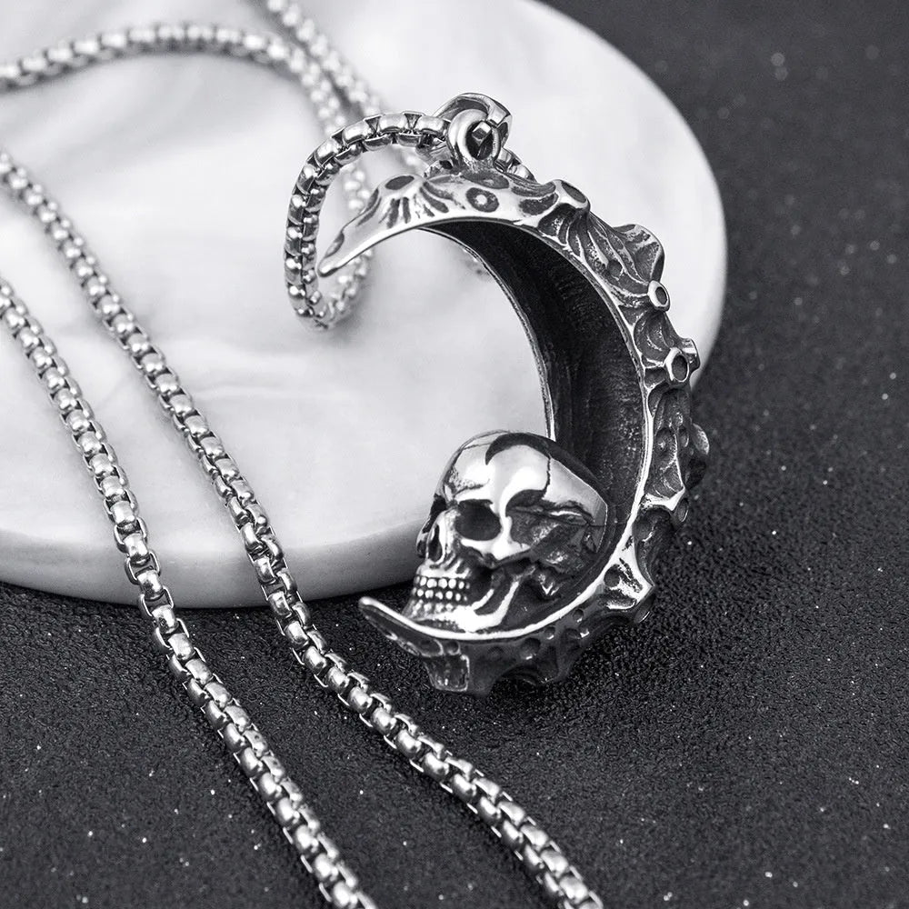 Men's stainless steel skull necklace with electroplated silver finish showing six pendant colour options