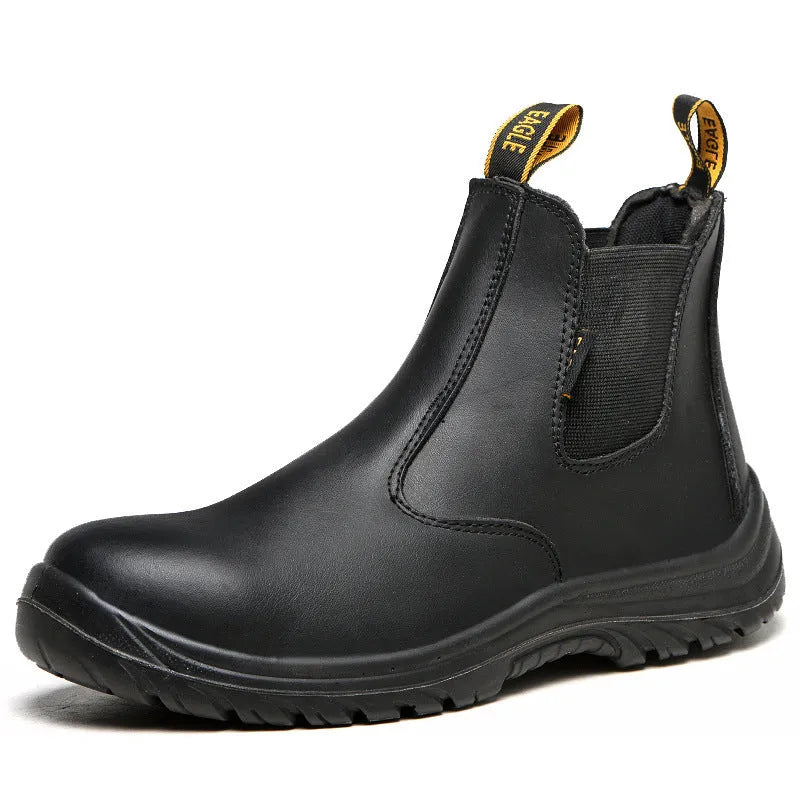Black leather safety work boots with high-top design and steel toecap protection