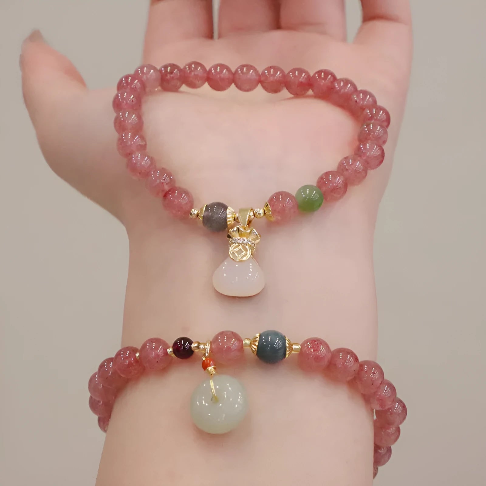 Geometric strawberry quartz and Hetian jade bracelet for women with a purse clasp.