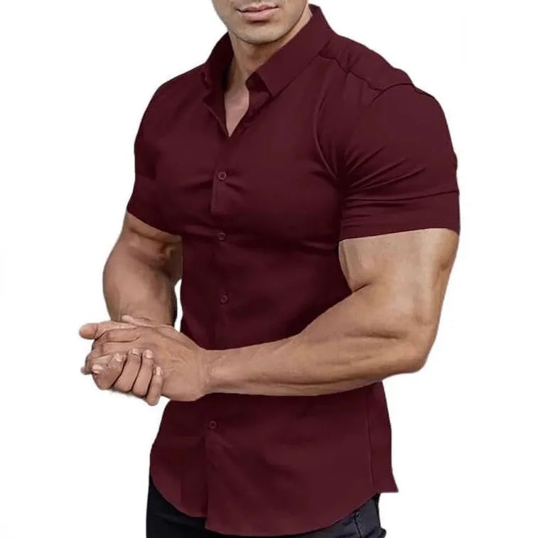 Men's casual short sleeve printed shirt with collar in cardigan style, available in multiple colours.