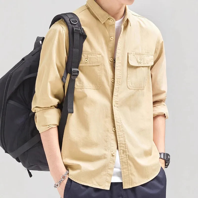Men's loose fit long sleeve cardigan shirt in polyester, shown in light grey, black, khaki, or green.