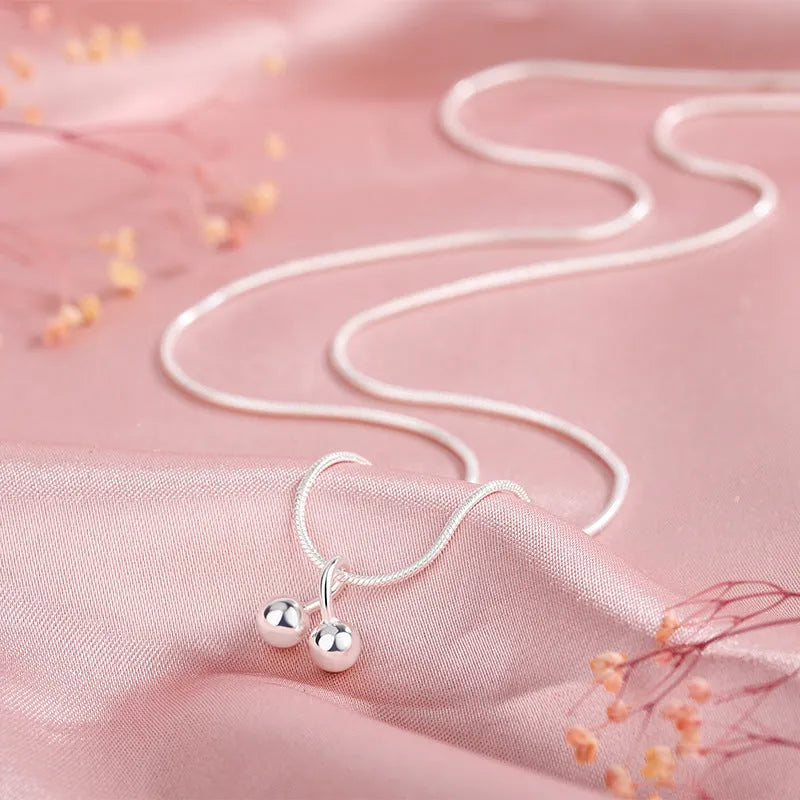925 silver cherry necklace with snake bone chain, adjustable 21-50 cm length, Korean style fruit pendant