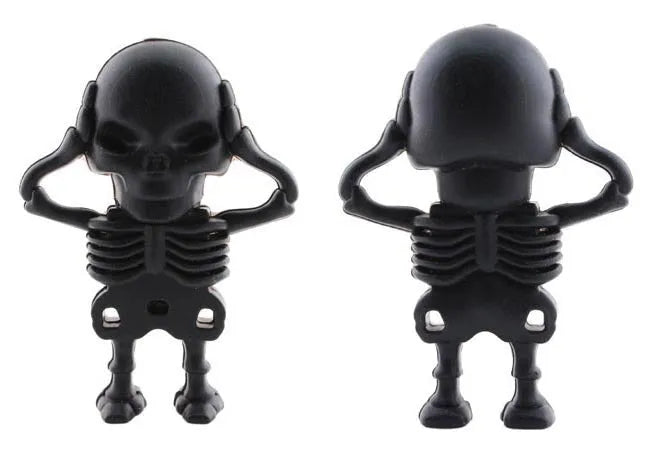 Skeleton skull shaped USB flash drive on a small metal chain with PVC shell.