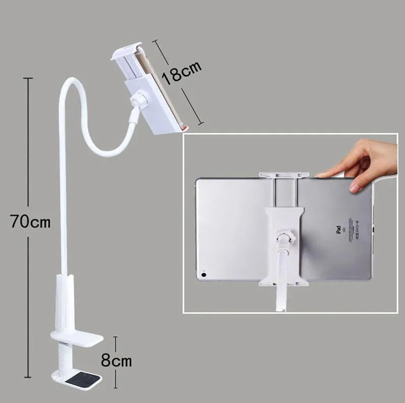 Black bedside oversize flat panel mobile phone holder with adjustable long arm on table