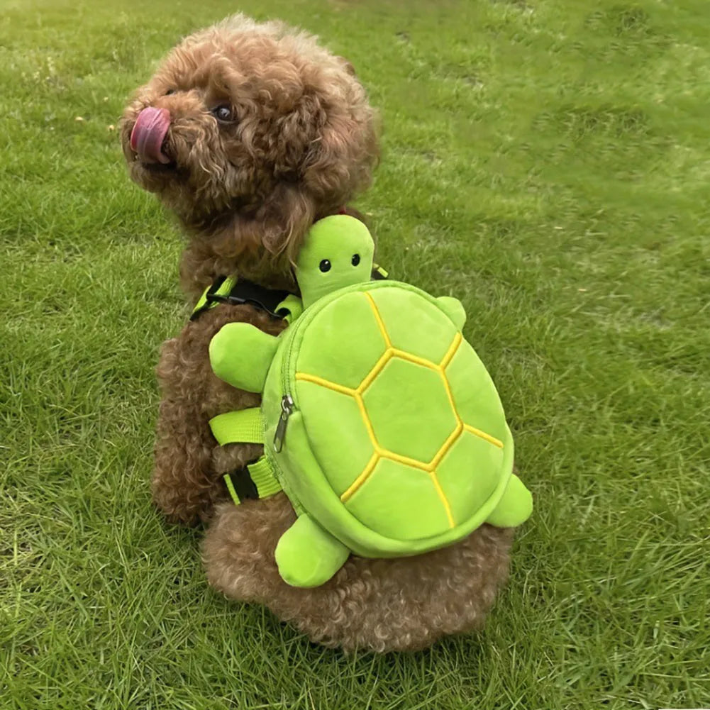 Brown turtle-shaped dog backpack harness with metal zipper and storage compartment