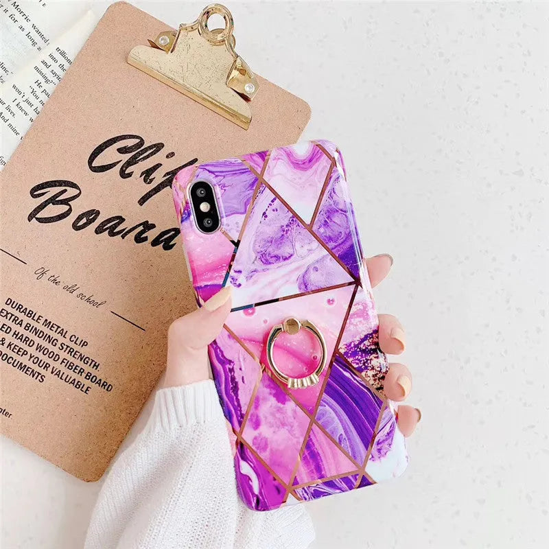 TPU geometric plating phone case with bracket ring for iPhone, in blue, pink, purple, or white colour options