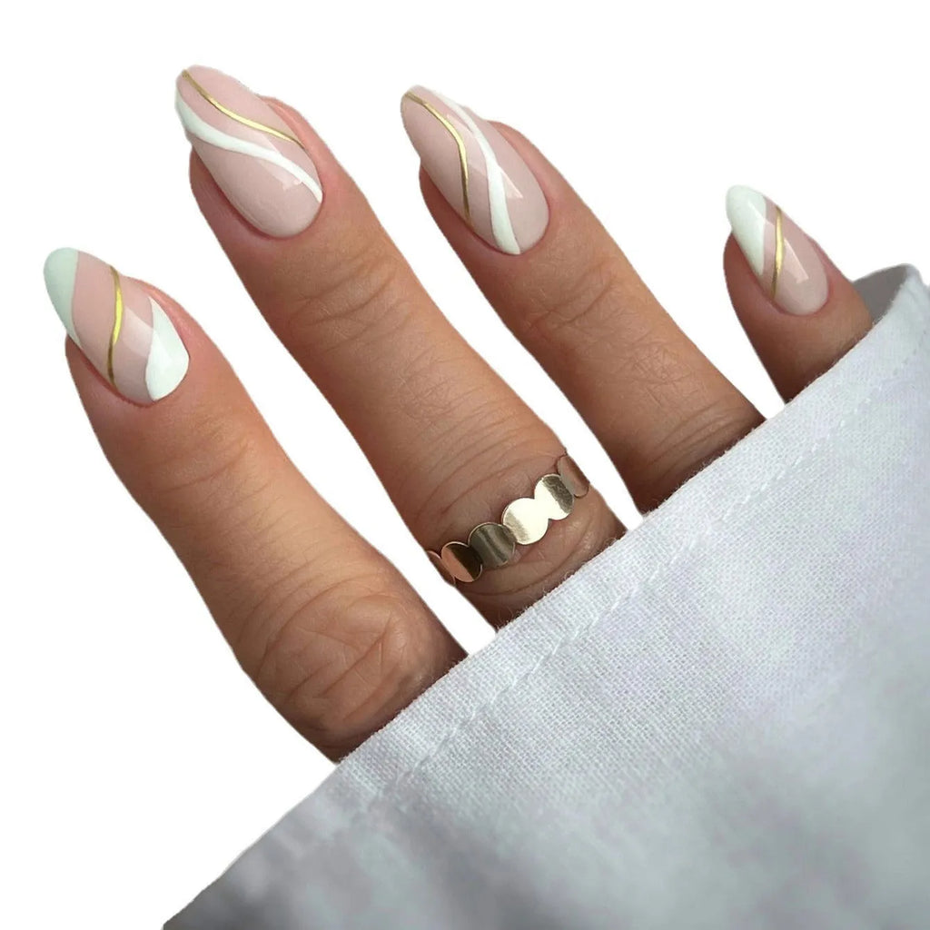 Golden Lines plaid pattern false nails in medium drop shape with JF0518 jelly glue.