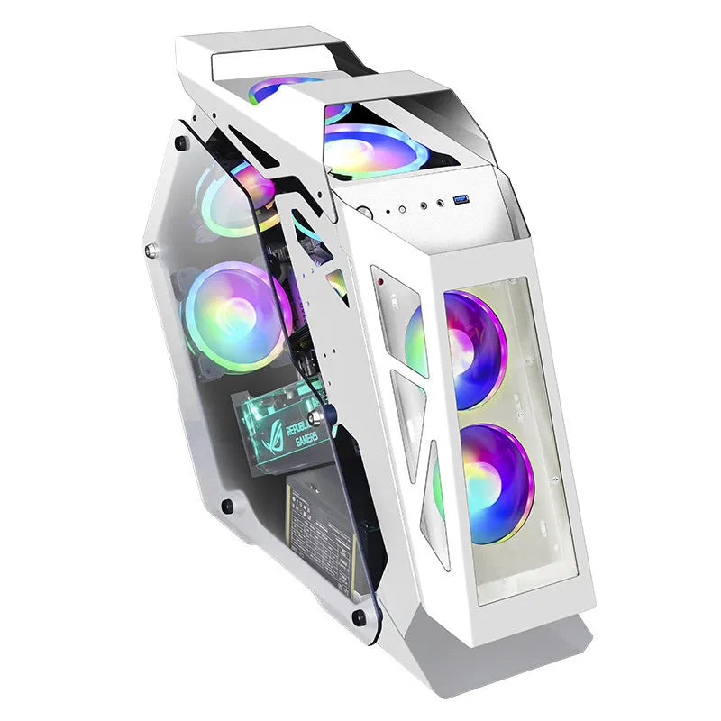 Table-type black bare metal PC chassis with six RGB fans lit up on a desk