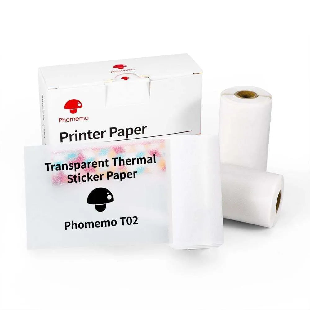 Phomemo T02 mini thermal label printer in white, showing front view with roll of sticky paper