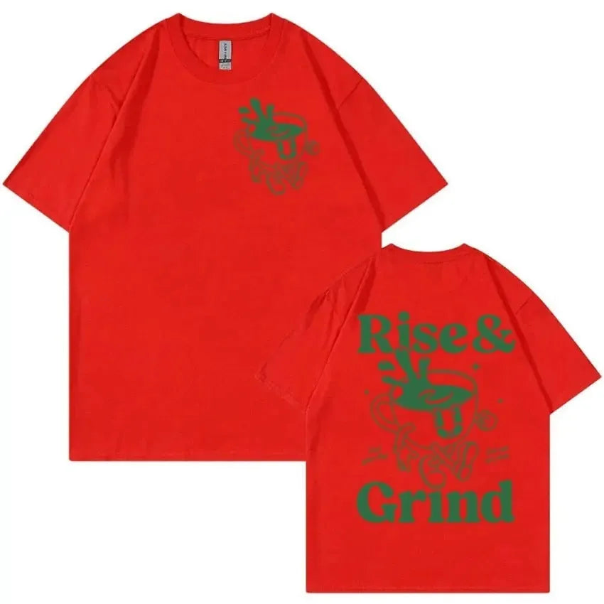 Linen loose-fit t-shirt with Rise And Grind green coffee bag cartoon graphic, shown in multiple colours.