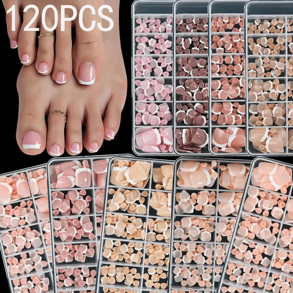 Box of 120 French white edge full square short nude toe nail tips on a white background.