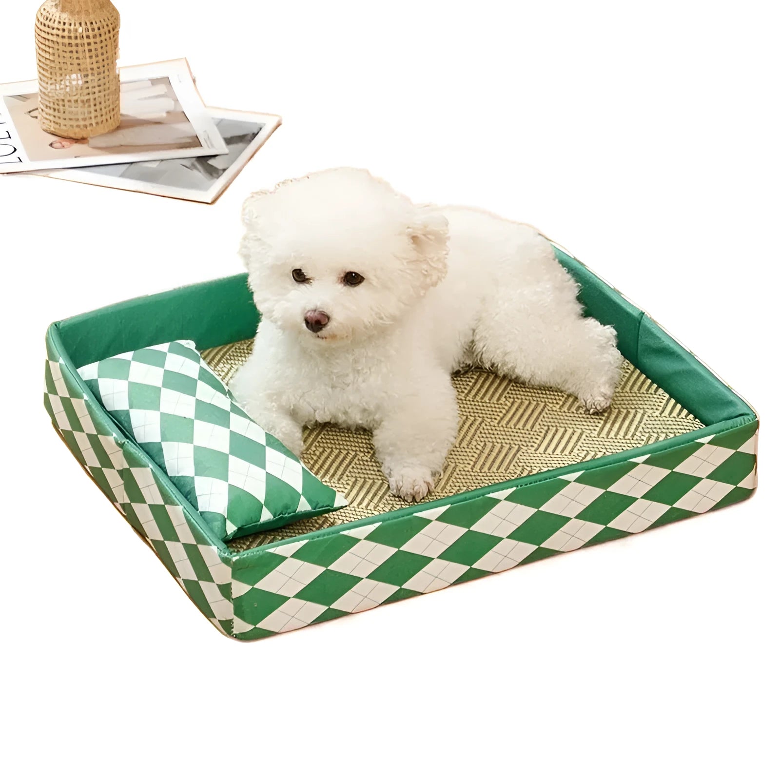 Blue woven rattan cat mat serving as a litter mat and summer bed for kittens and cats.