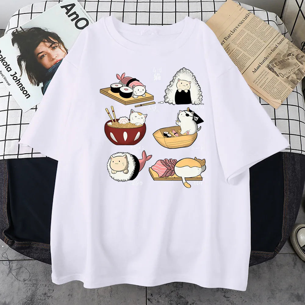 Men's black cotton t-shirt with sushi cartoon cat print design, short sleeves, loose fit