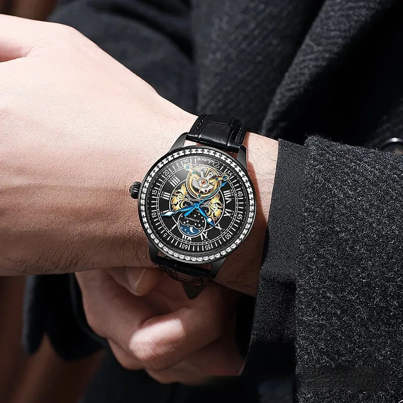 Men's stainless steel waterproof mechanical watch with round dial and butterfly clasp on wrist