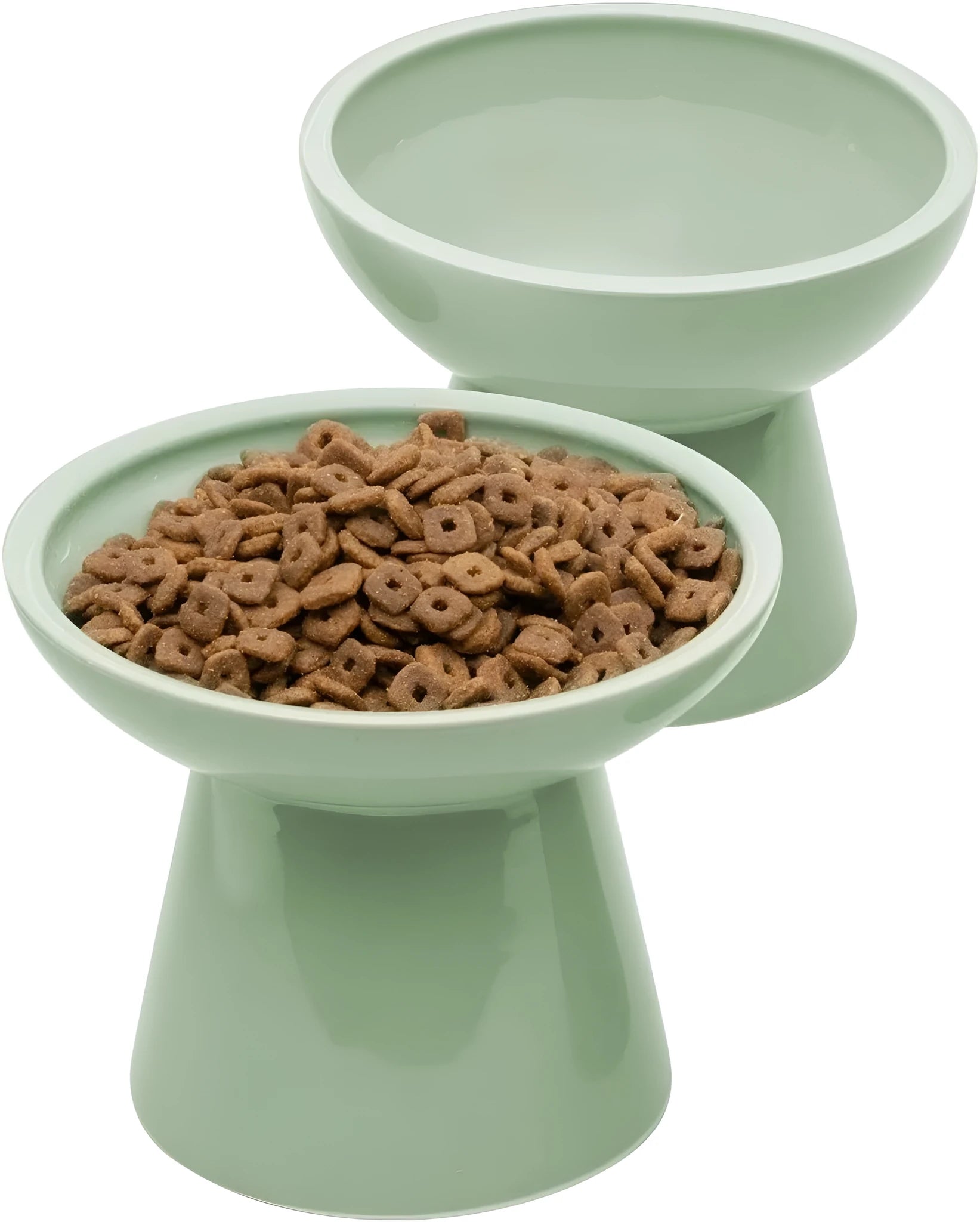 Blue elevated ceramic cat bowl with wide shallow dish on a white background.
