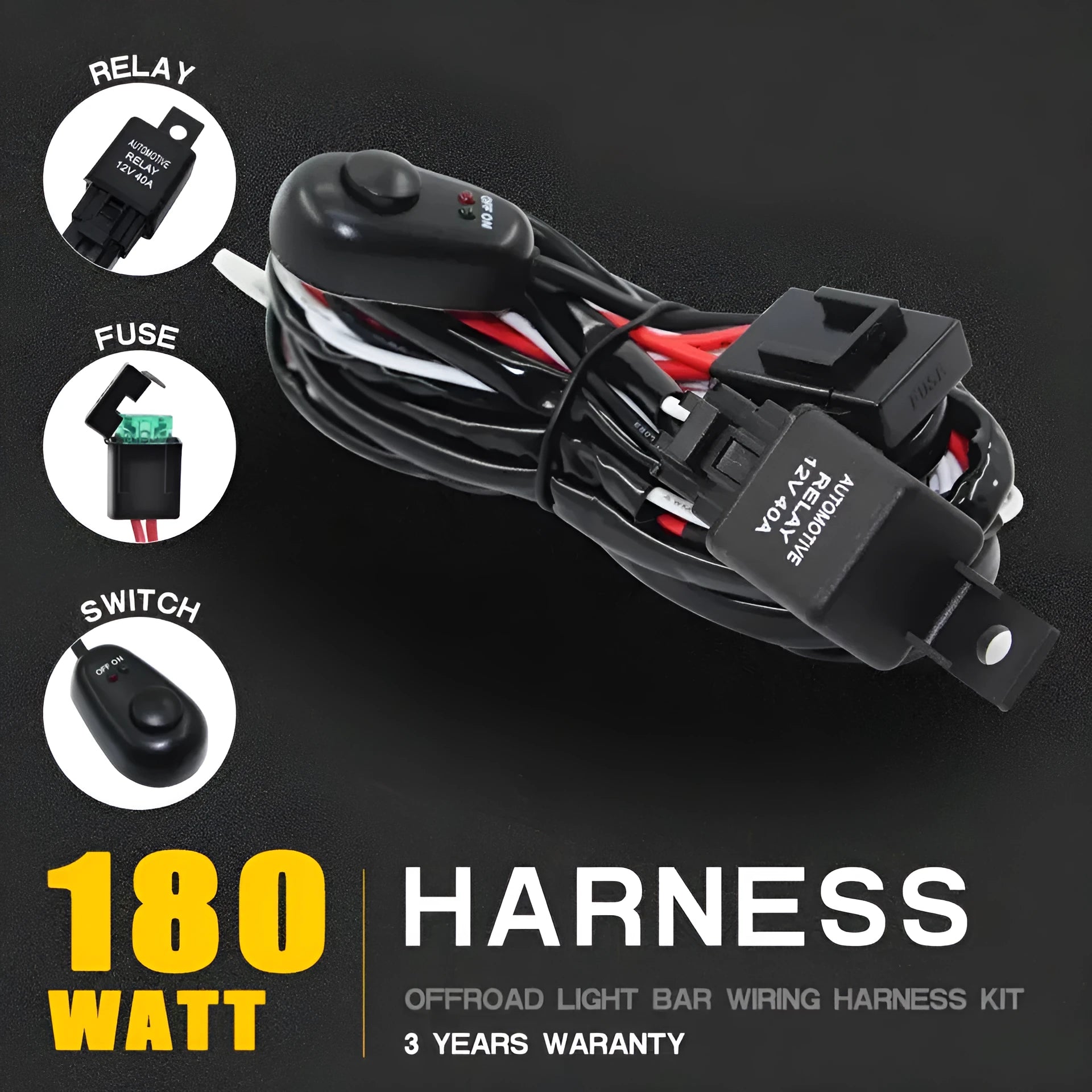 Automotive LED work light wiring harness with 2 metre silicone cable and one-to-two connectors