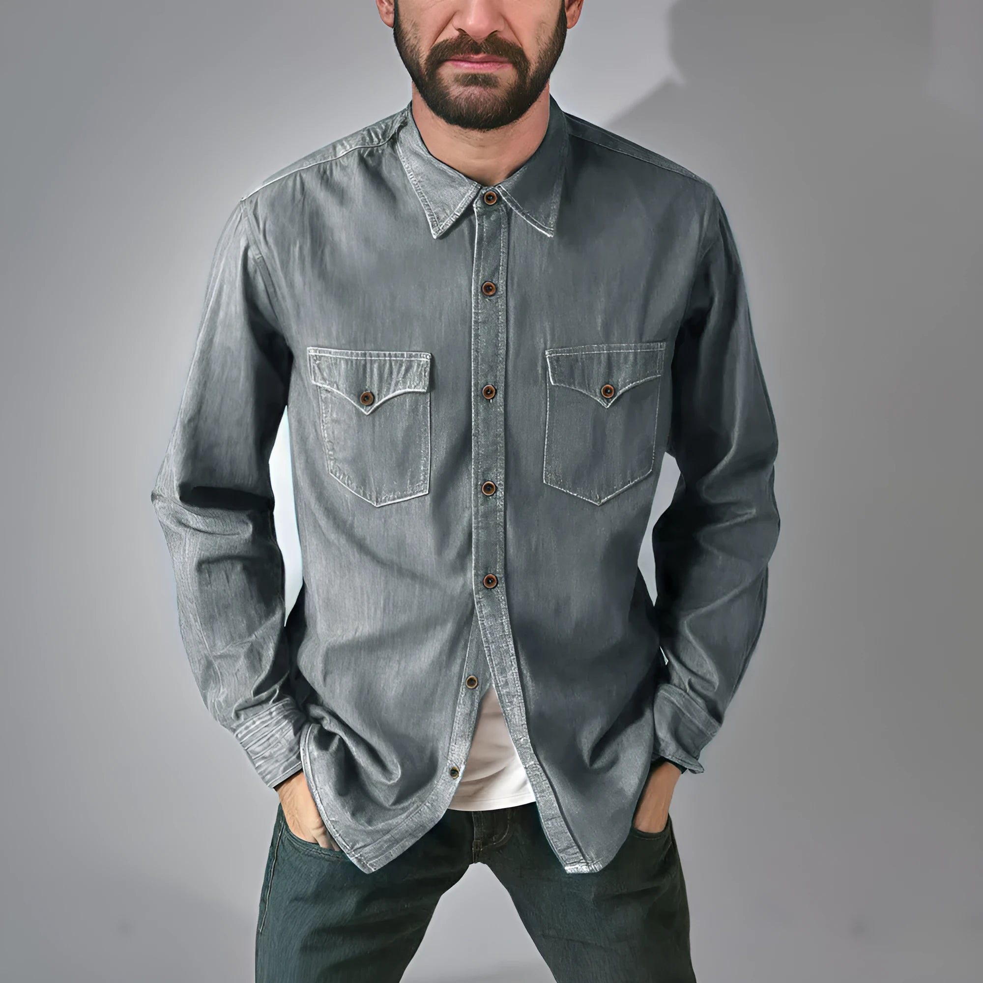 A man or woman wearing a regular-fit denim cardigan coat in khaki, showcasing button-front style.