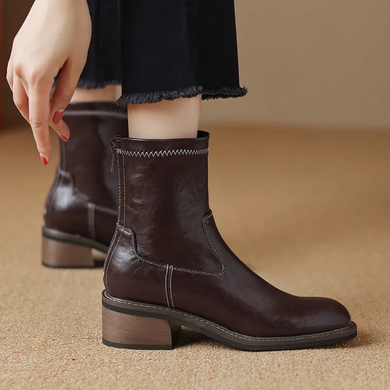 Women's casual mid-heel Martin boots with artificial PU upper and front lacing in black and brown