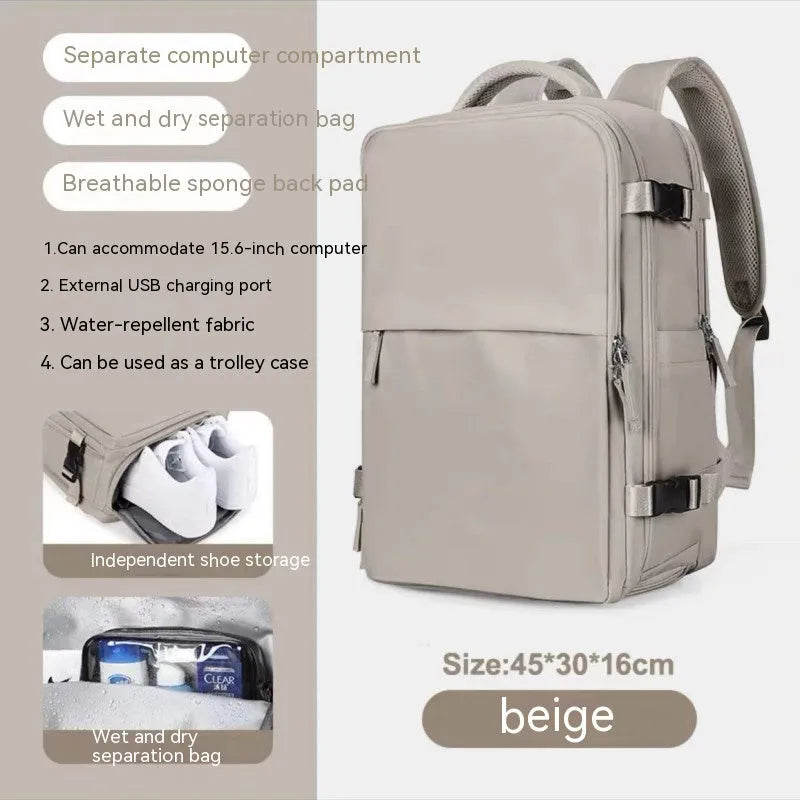 Large black nylon mummy-style travel backpack with a waterproof lining.