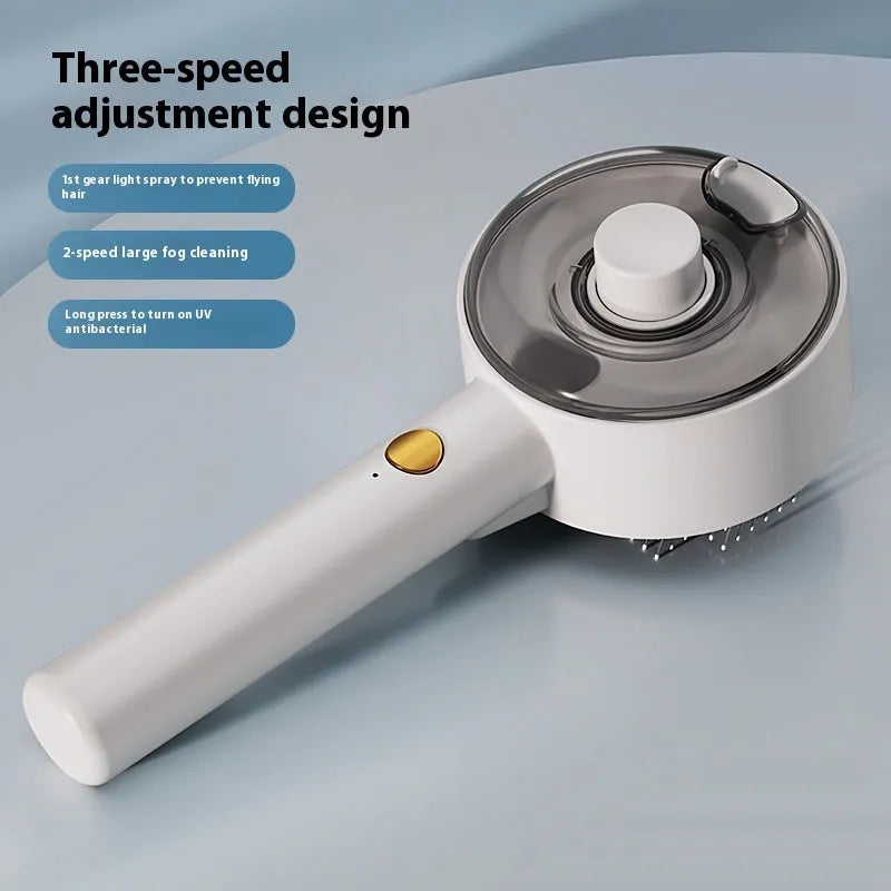 Ceramic White pet grooming brush with UVC light and spray mist function for dogs and cats.