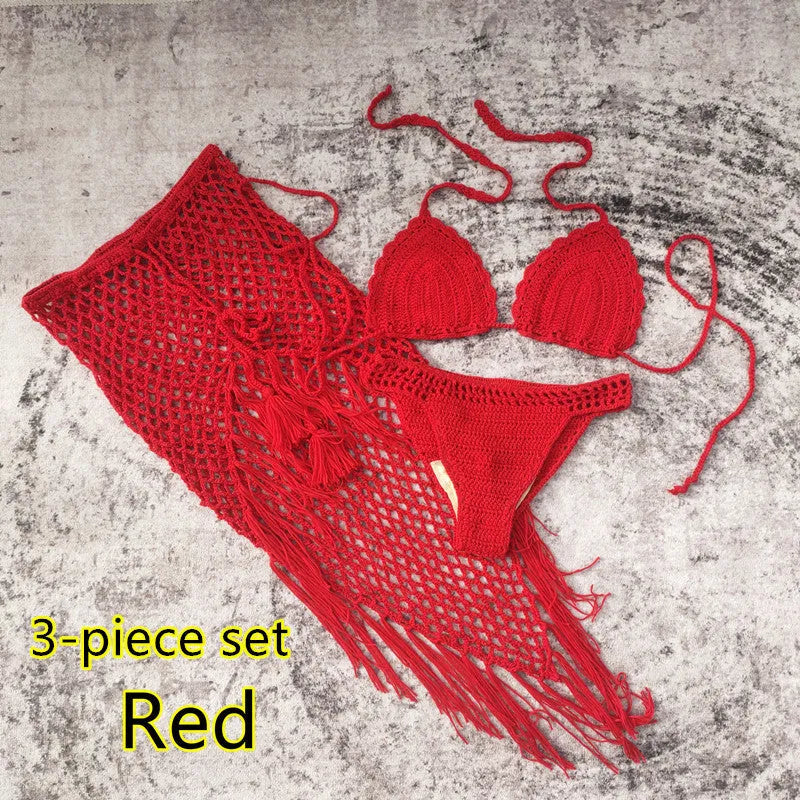 3-piece crochet bikini swimsuit set with matching beach skirt in solid colour