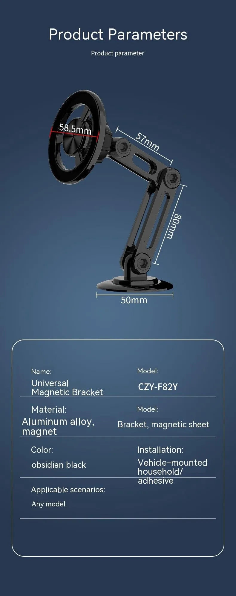 All-metal magnetic car phone holder in black, shown with magnetic rings and adhesive pads for dashboard or vent mounting.